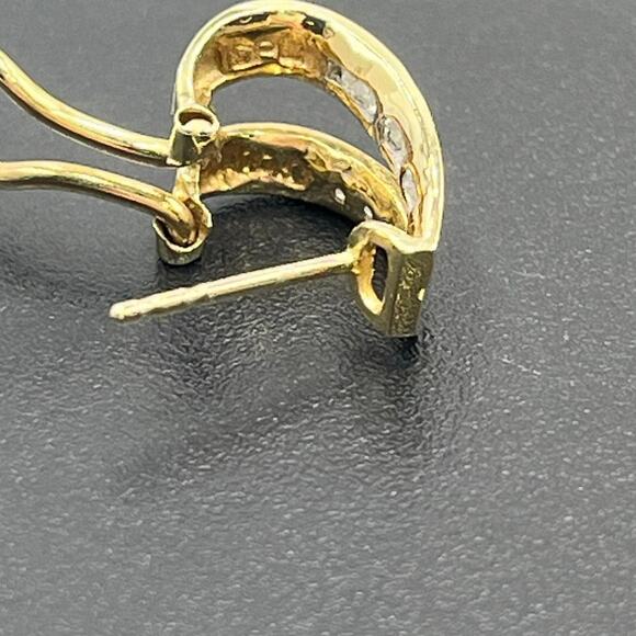 10K Yellow Gold 30 Diamonds Round  Baguette Channel Huggie Hoop Omega Earrings - Picture 8 of 12